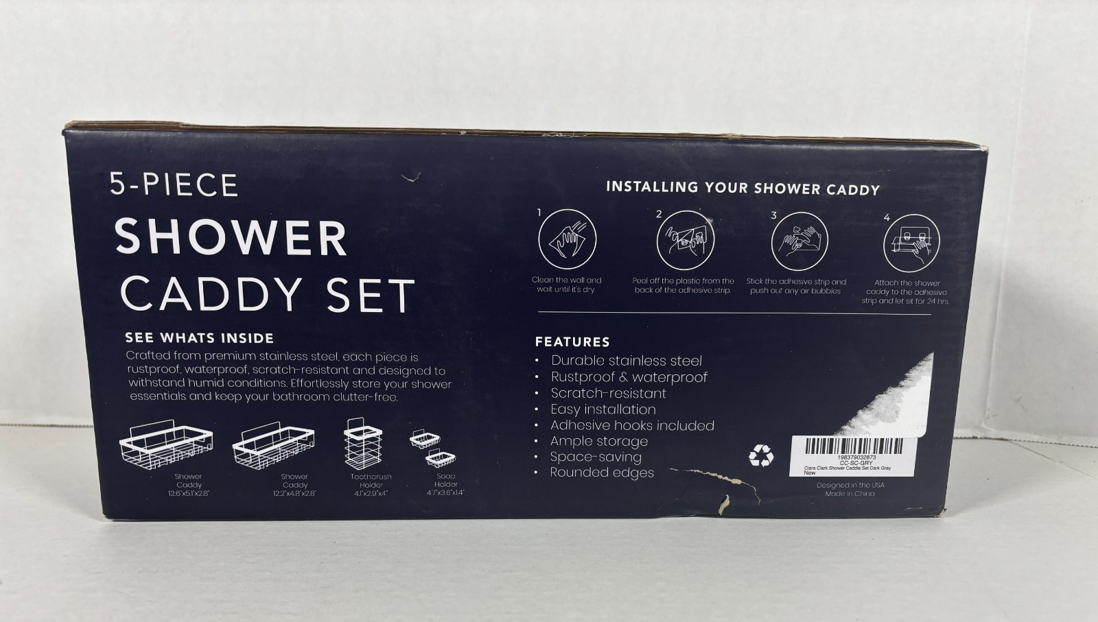 Clara Clark 5 Piece Shower Caddy Set Dark Gray