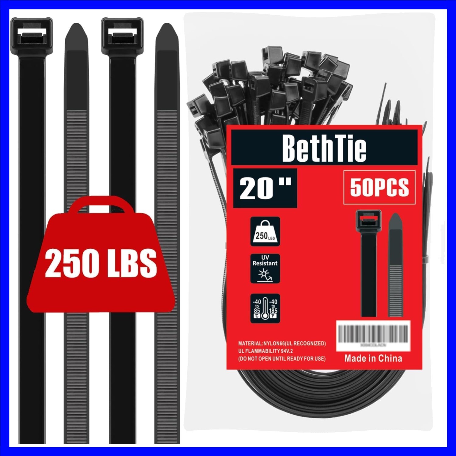 20 Inch Black Long Zip Ties Heavy Duty 50 Pack, 250 LBS Ultra Strong Plastic ...