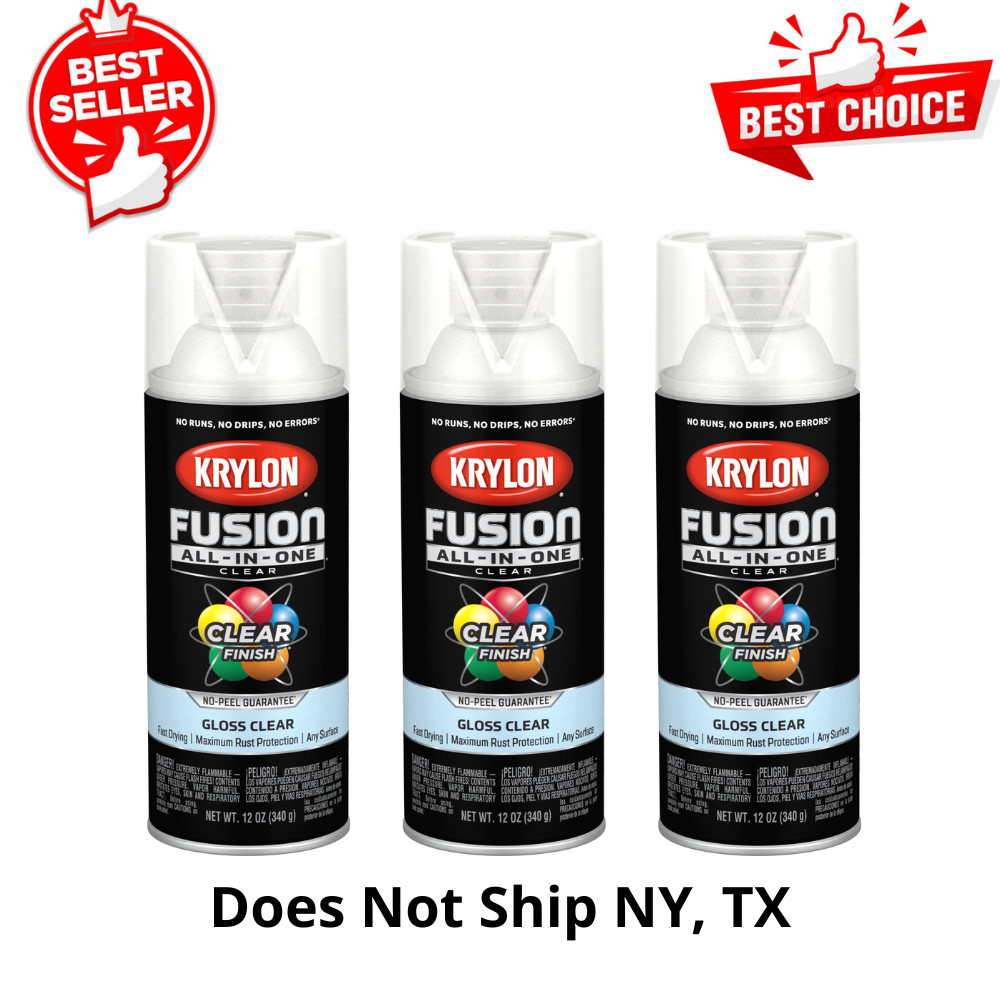 Krylon Fusion All-In-One, Clear Gloss, Spray Paint, Multi-Surface 12oz, 3 Pack