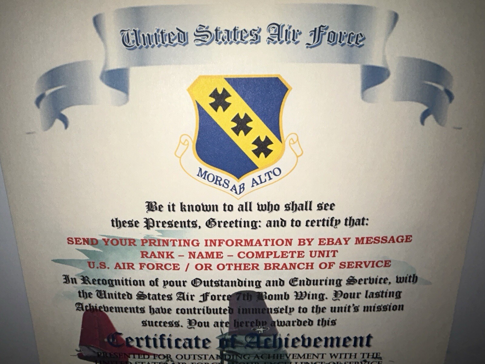U.S.A.F. / AIR FORCE 7TH BOMB WING - CERTIFICATE OF ACHIEVEMENT