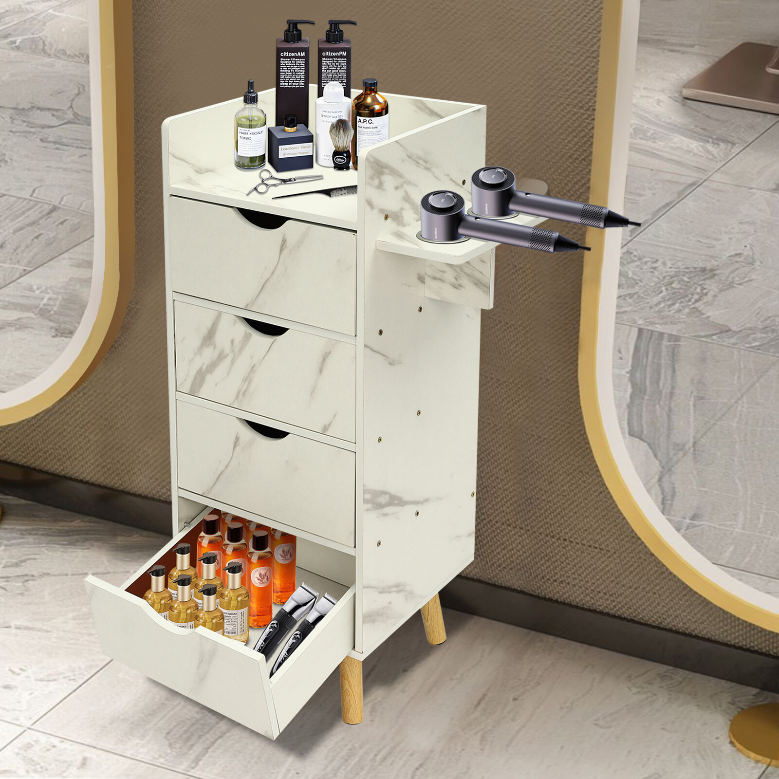 Salon Storage Cabinet with 4 Drawers and Hair Dryer Holders for Beauty Shops US！