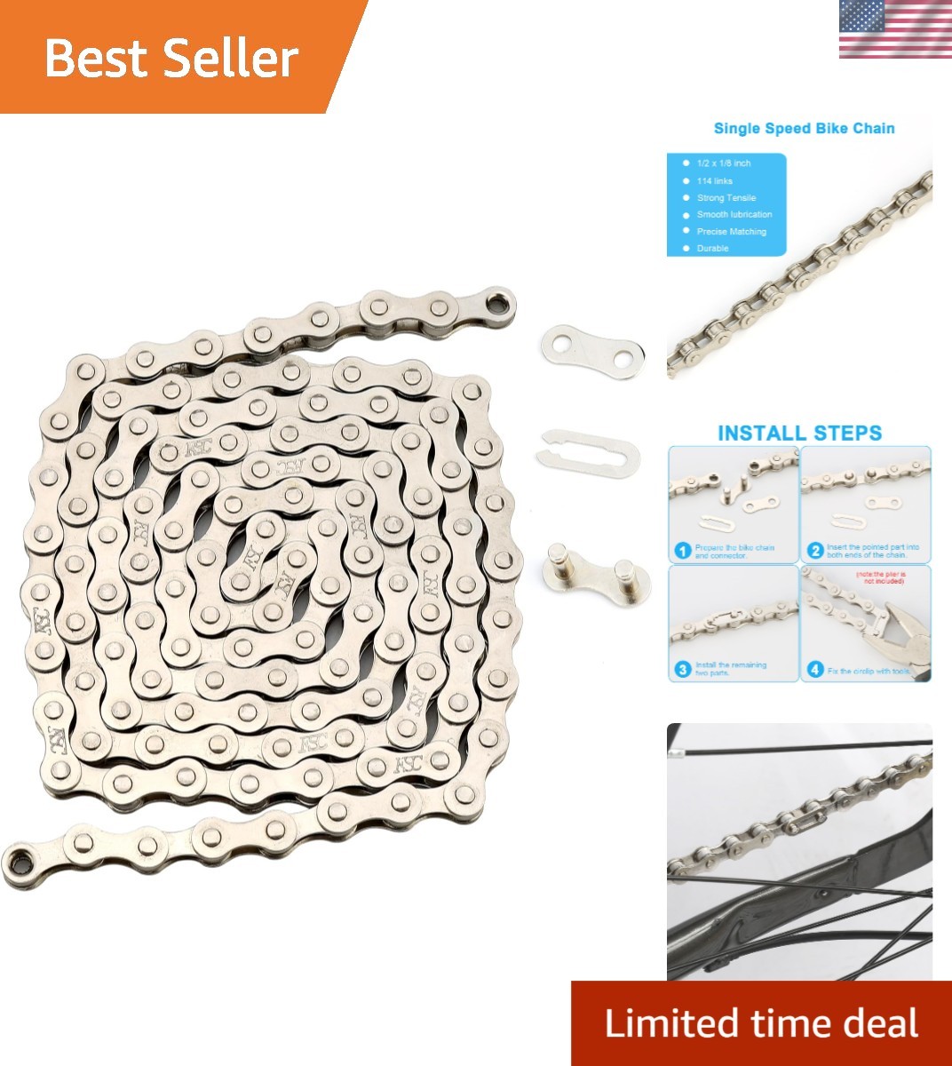 Single Speed Bike Chain 1/2 x 1/8 Inch for Road Mountain Bicycle Racing Cycling