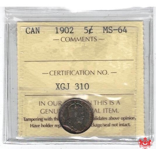 1902 Canada 5 Cents - ICCS MS64 - XGJ 310