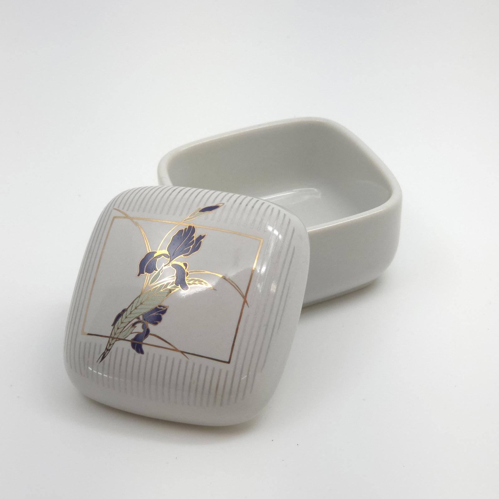 Vintage Porcelain Trinket Box with Blue Iris and Gold Trim Lidded Jewelry Box