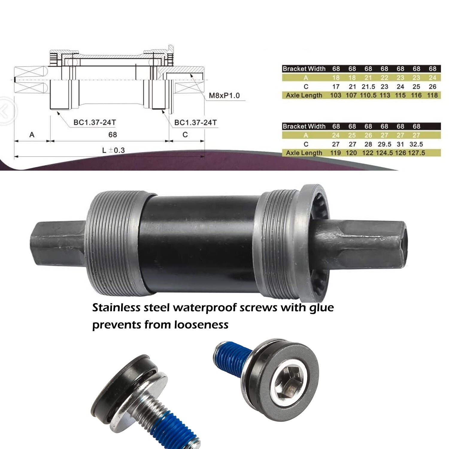 English Square BB Bike Bottom Bracket Set,Square Taper, Aluminum - 68 x 120mm