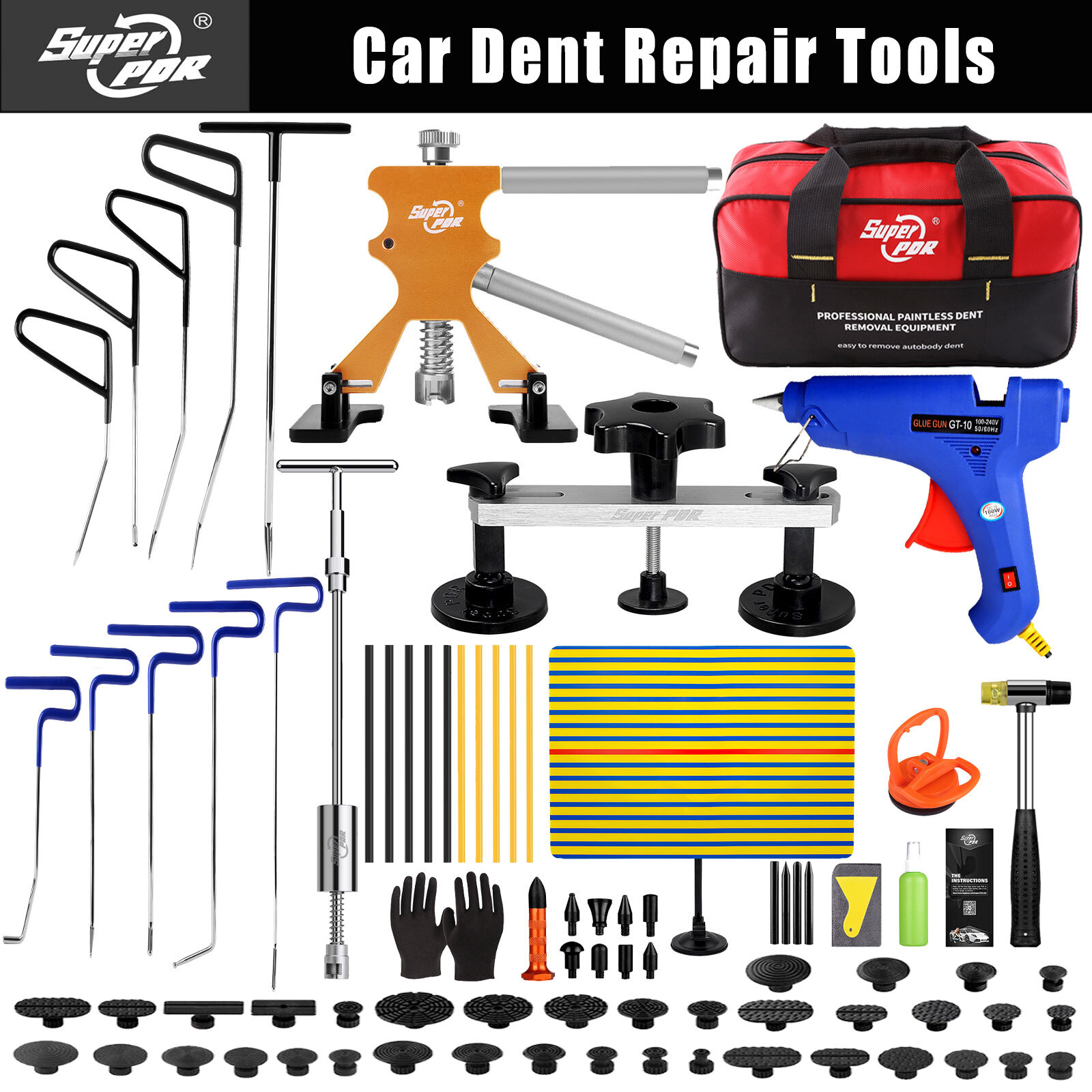 PDR Paintless Dent Removal Kit Puller Steel Dent Repair Rods Glue Gun DIY Tools