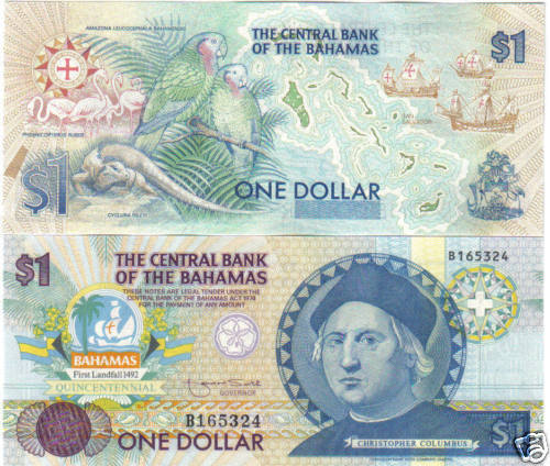 BAHAMAS 1 DOLLAR 1992 PICK 50 COLUMBUS COMMERATIVE UNC