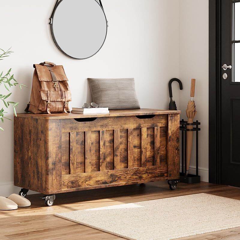 Storage Bench 4 Wheels 39in Wooden Blanket Chest Entryway Ottoman Trunk Seat Box