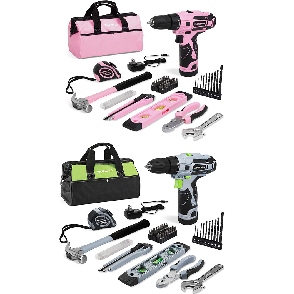 WORKPRO 12V Pink/Grey Cordless Drill Driver&Home Tool Kit 61-Piece Hand Tool Set