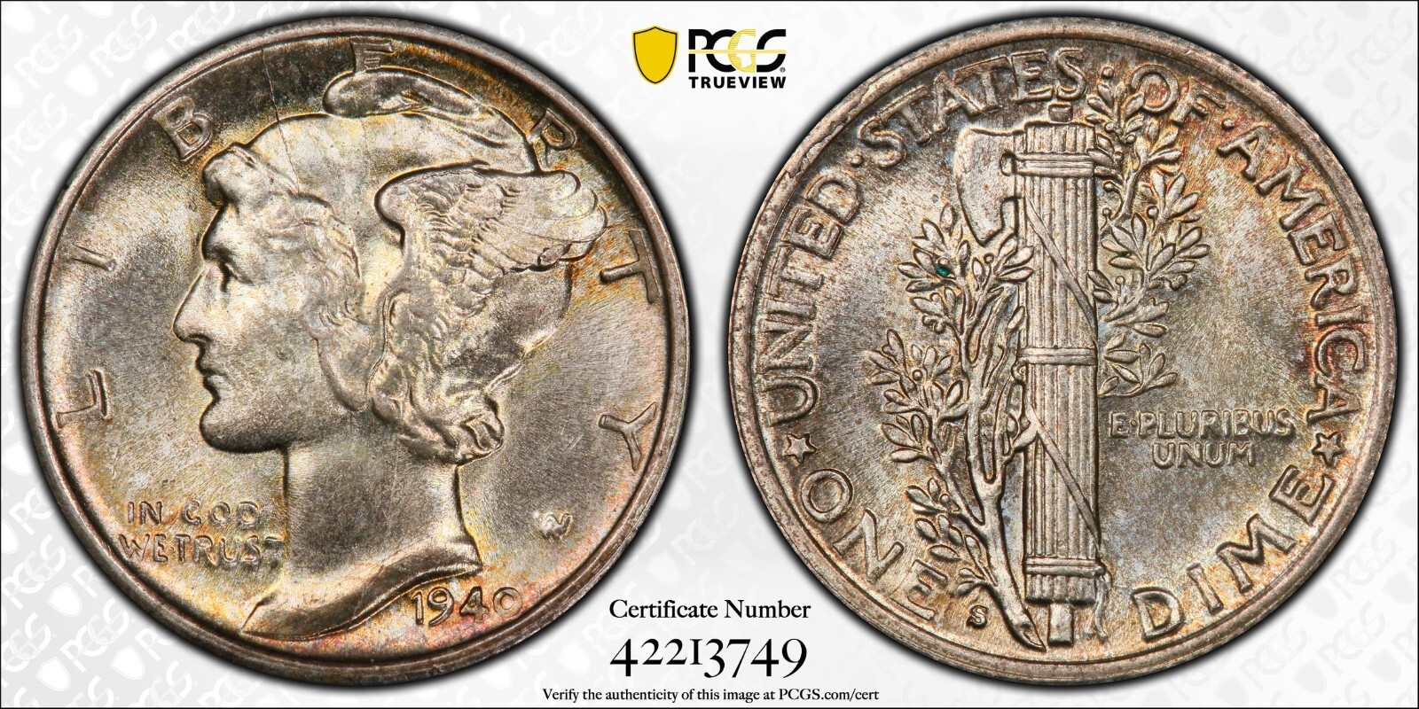 1940-S Mercury Dime graded MS66FB by PCGS! COLOR!!!