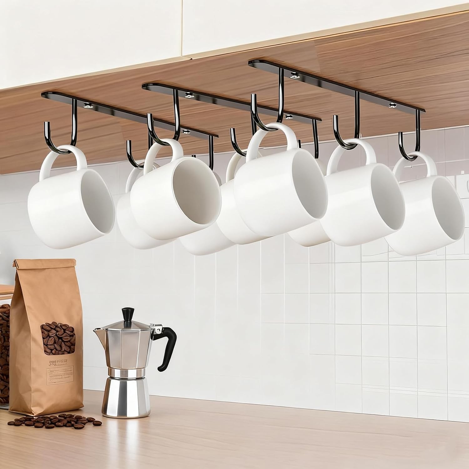 3pc Under Cabinet Mug Hooks,Adhesive/Screw 2 Ways Install Mug Holder,Coffee Cups