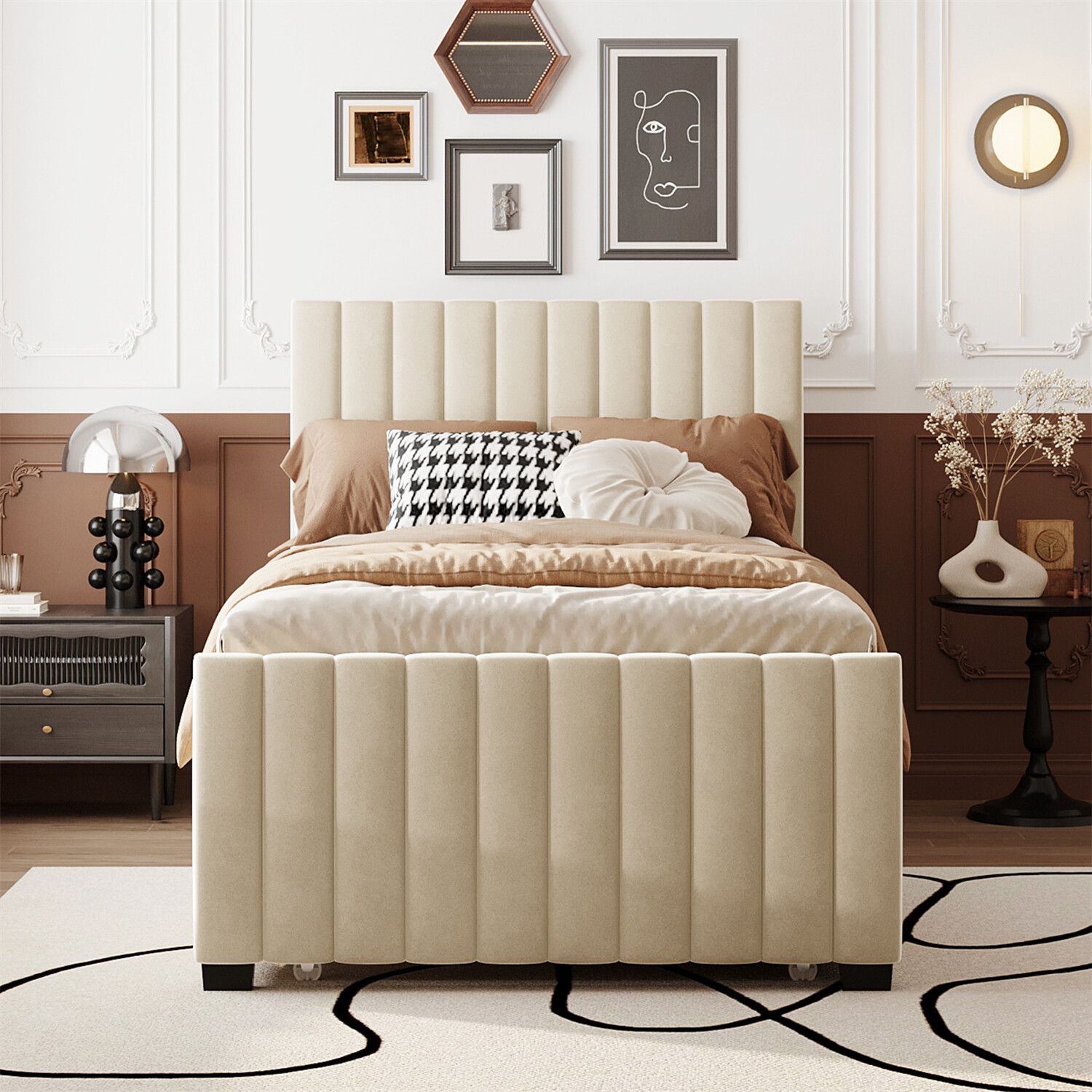 Twin Size Bed Frame Upholstered Platform Bed w/ Pull Out Trundle Beige/Pink US