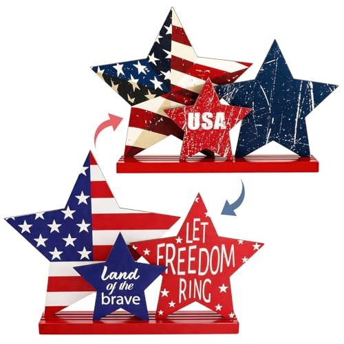 4 Pcs 4th of July Decorations,Red White Blue Patriotic Star Table Centerpieces