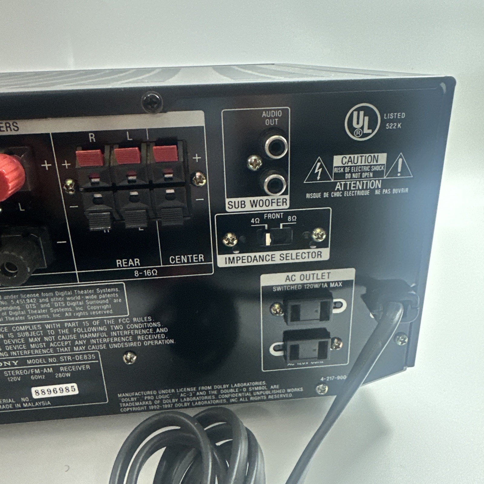 Sony STR DE835 5.1 Channel 100 Watt Receiver, NO REMOTE
