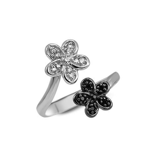 925 Sterling Silver Toe Ring Clear Black Flower Cubic Zirconia Adjustable