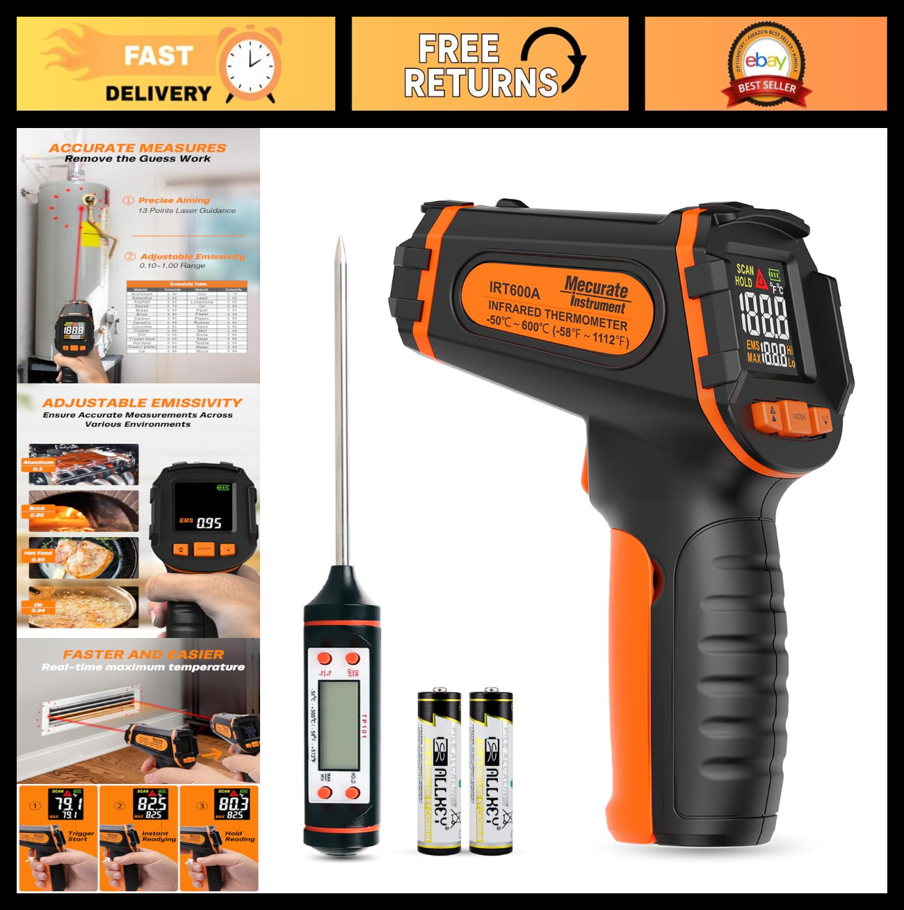 Infrared Thermometer Gun -58°F to 1112°F, Laser Temp Gun, Adjustable Emissivity,