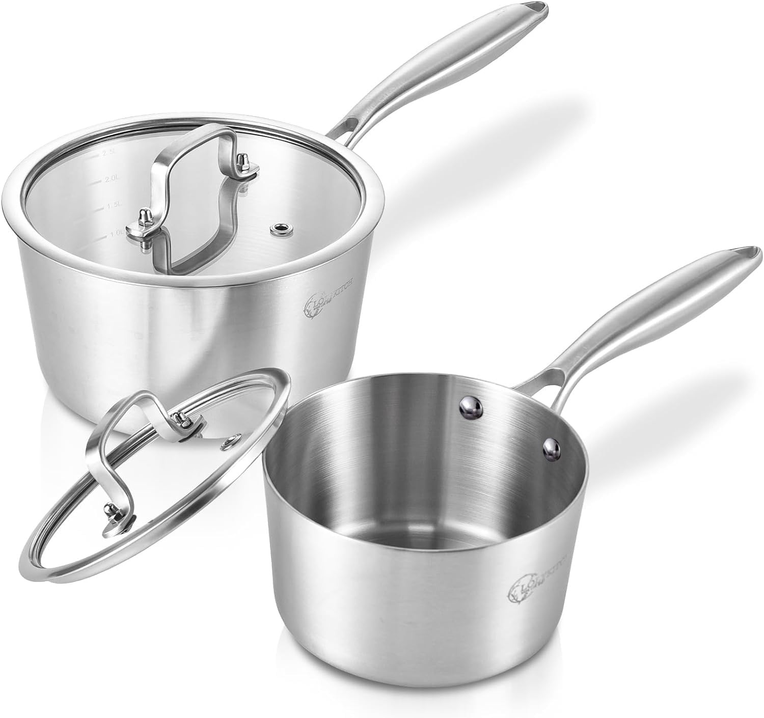 LOLYKITCH Tri-Ply Stainless Steel Saucepan Set-1QT & 2QT with 1QT+2QT, Silver