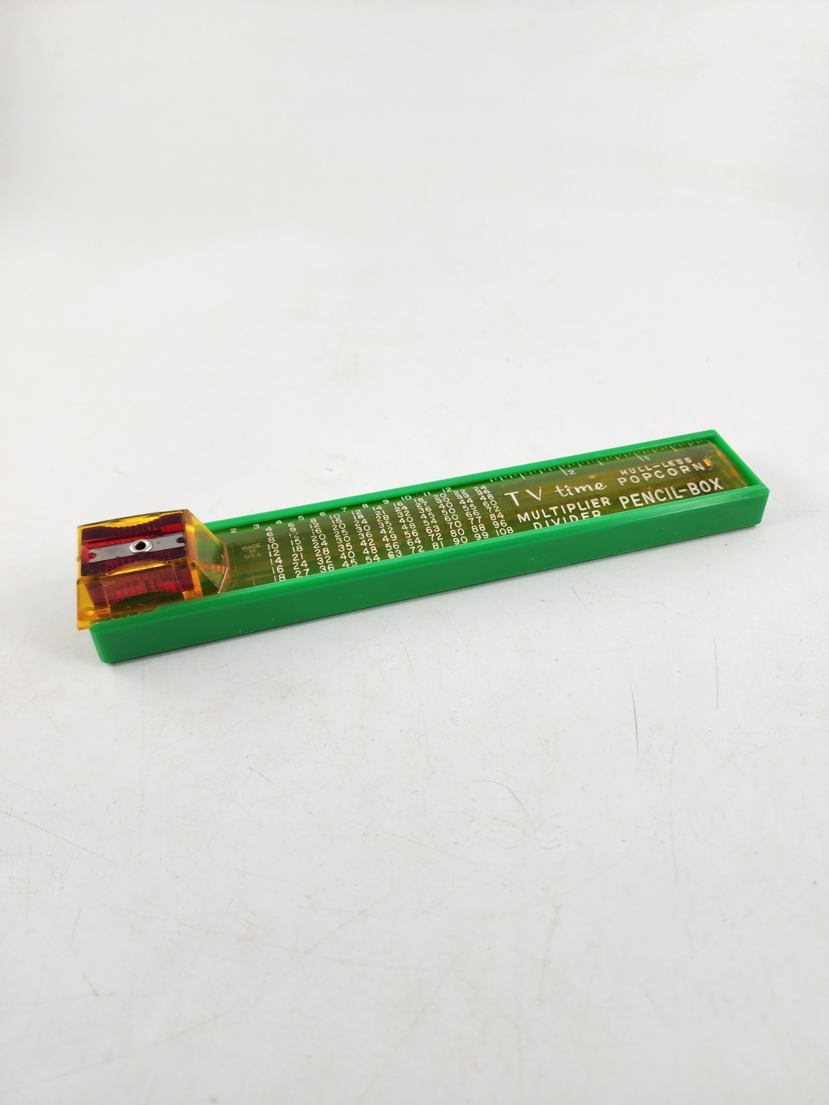 TV Time Popcorn Hull-Less Green Pencil Box  Yellow Ruler Slide Lid Sharpener Vtg