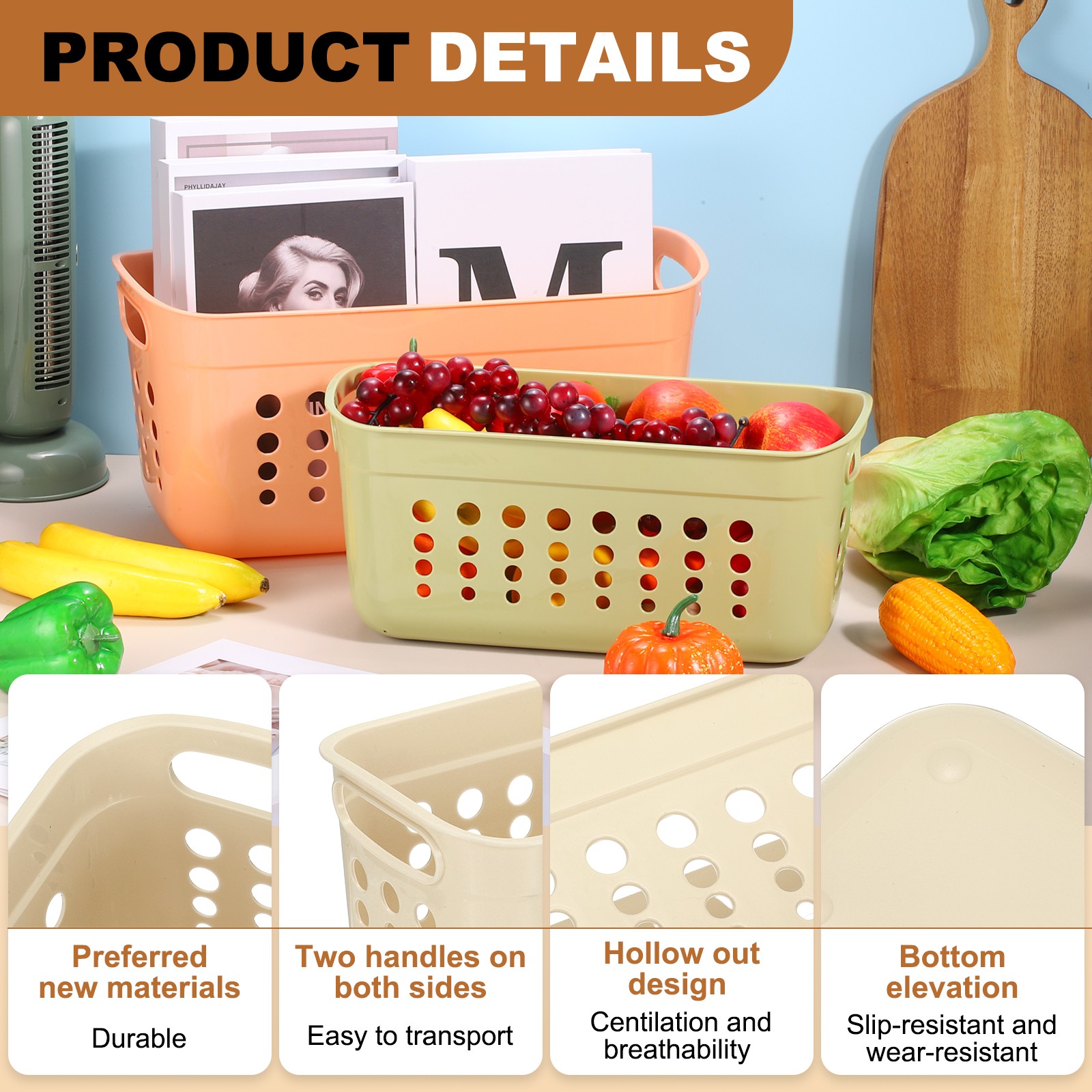 2Pack 11.42x5.24x4.92" Pantry Plastic Storage Baskets Beige