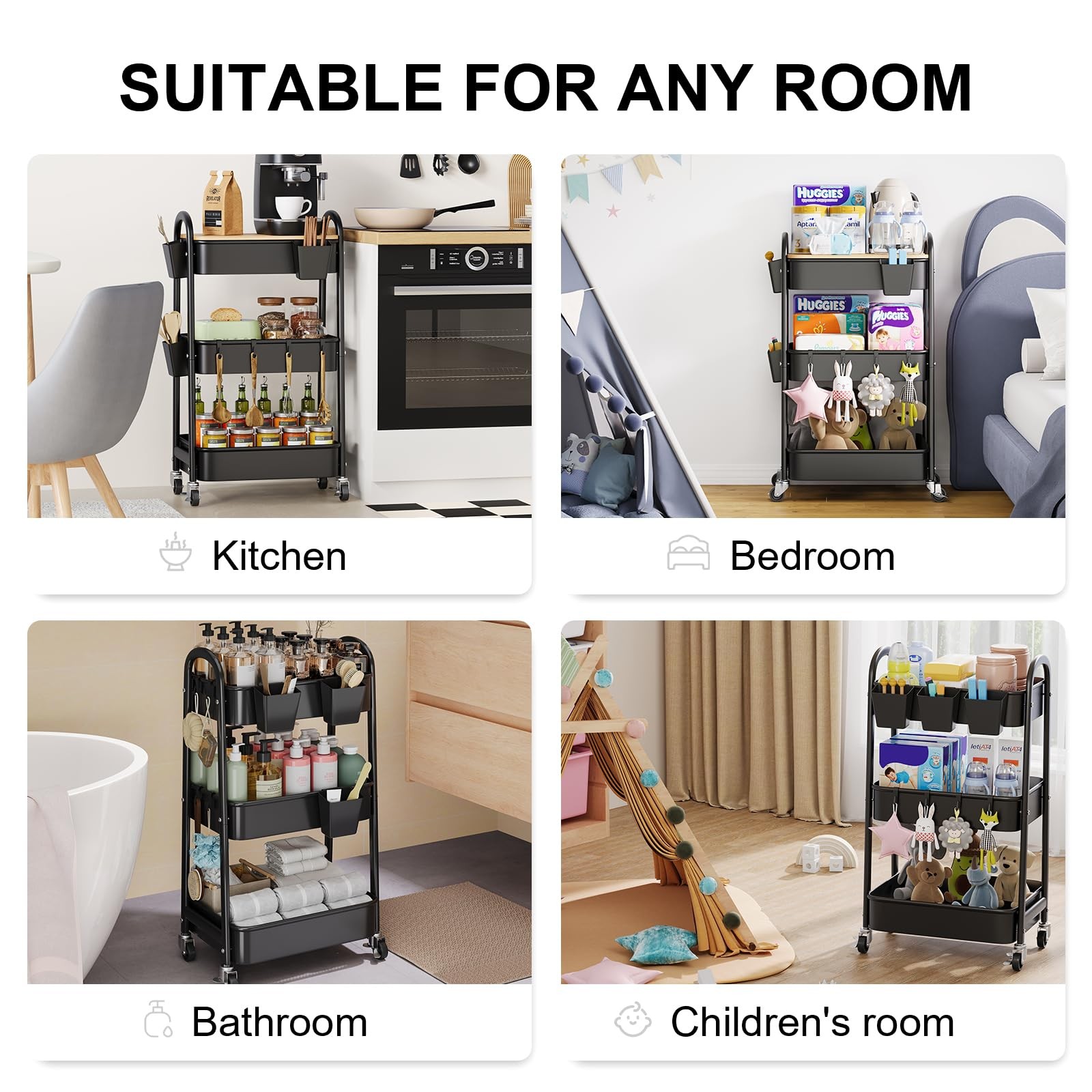 6 Pack Rolling Cart Accessories, Black Plastic Hanging Cup Holder for Utility...