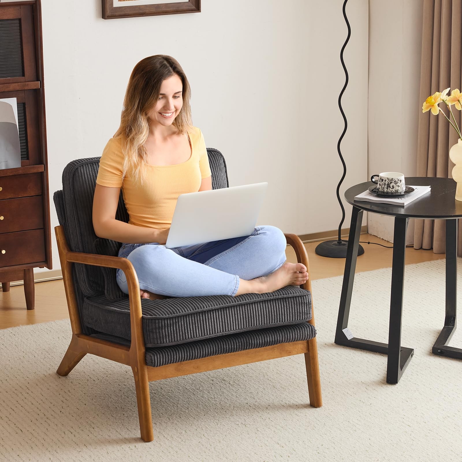 Ergonomic Corduroy Armchair with High-Density Sponge with Back Pillow for Porch