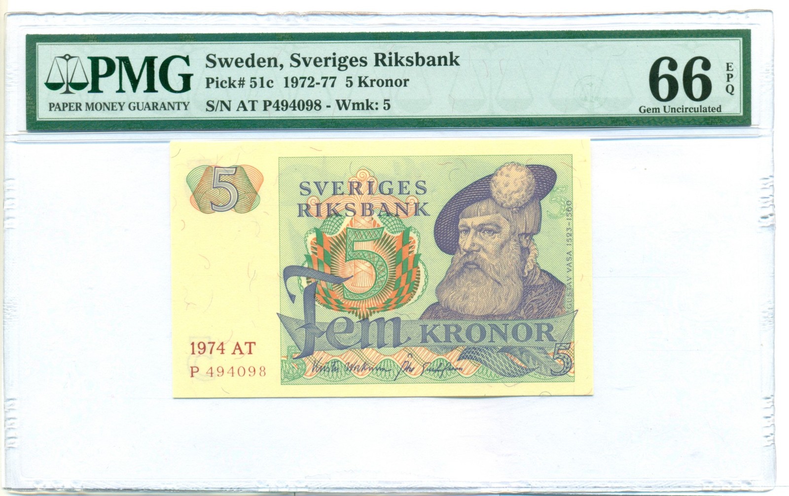Sweden 1972-77 5 Kronor Bank Note Gem Unc 66 EPQ PMG