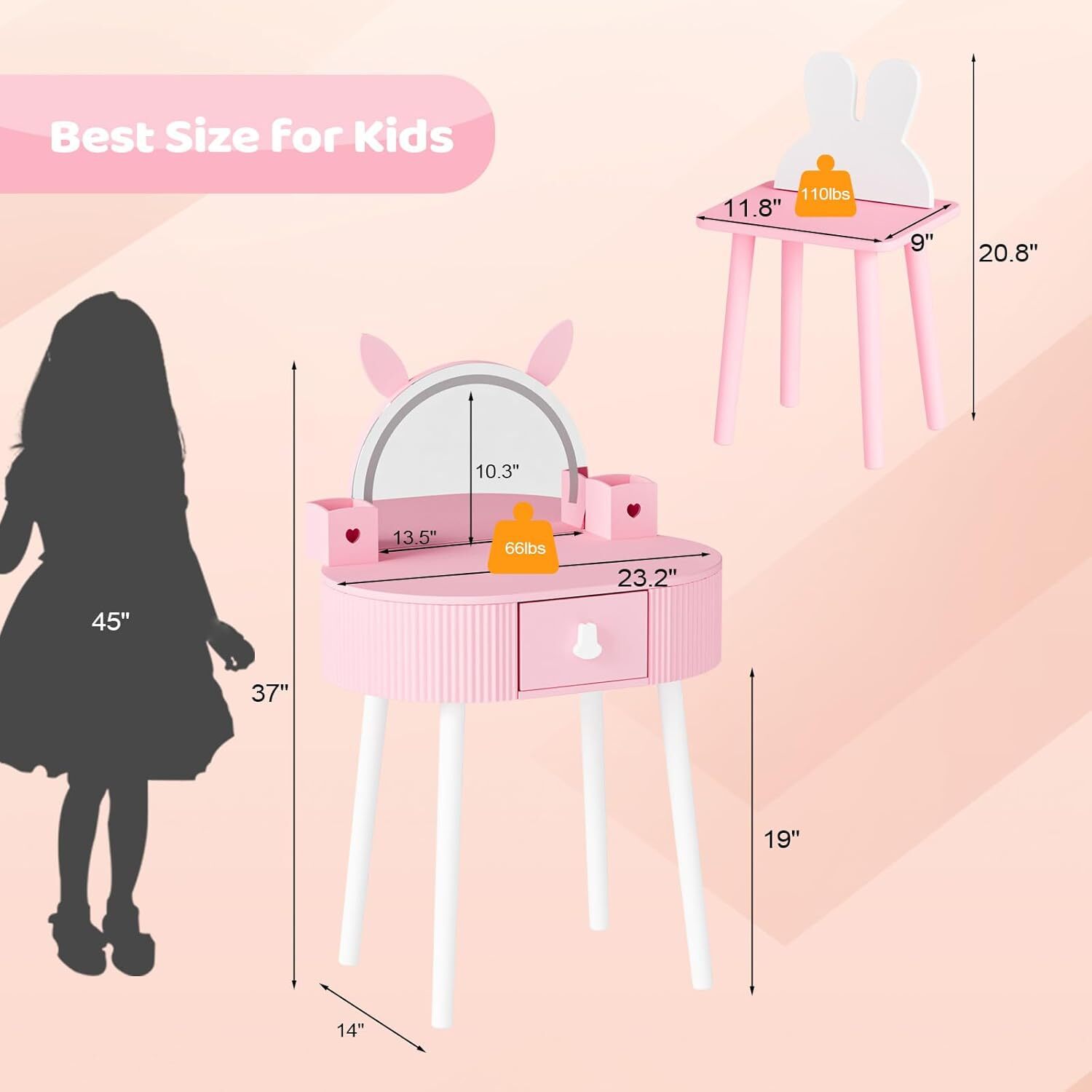 JOYMOR Kids Vanity with Lights, Girls Vanity Set w/Touch Screen 3 Colors