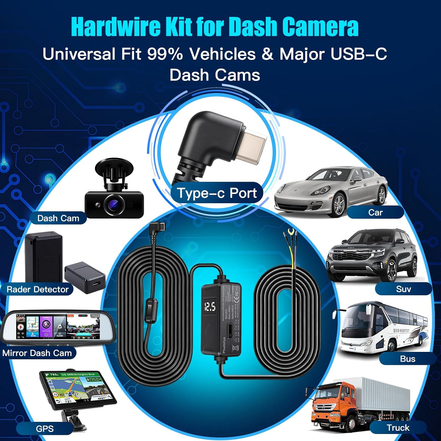 USB-C Dash Cam Hardwire Kit with Acc Detection, LED Display, 4-Level Adjustable