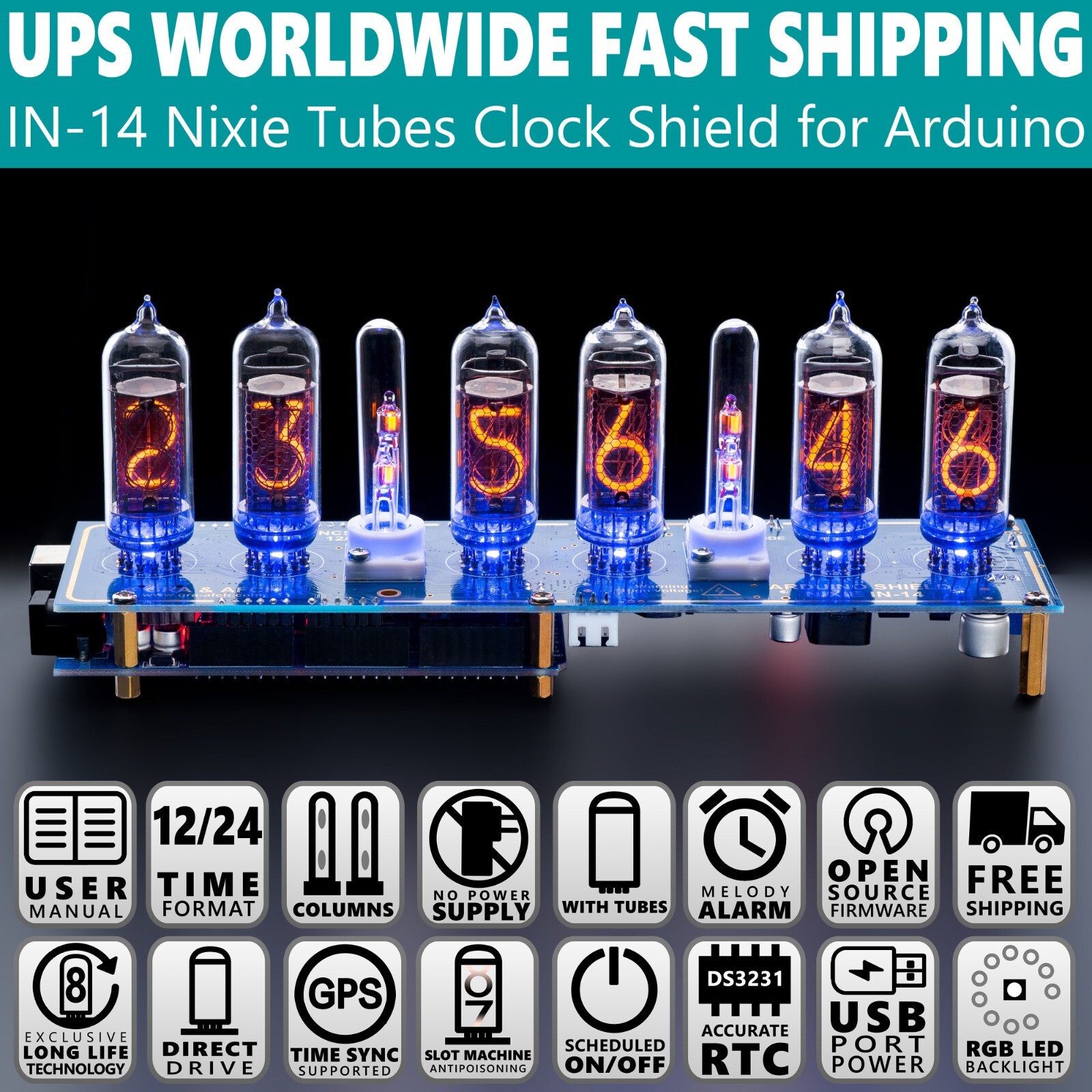 Arduino Shield IN-14 NCS314 Nixie Tubes Clock [TUBES COLUMNS MEGA] FREE SHIPPING