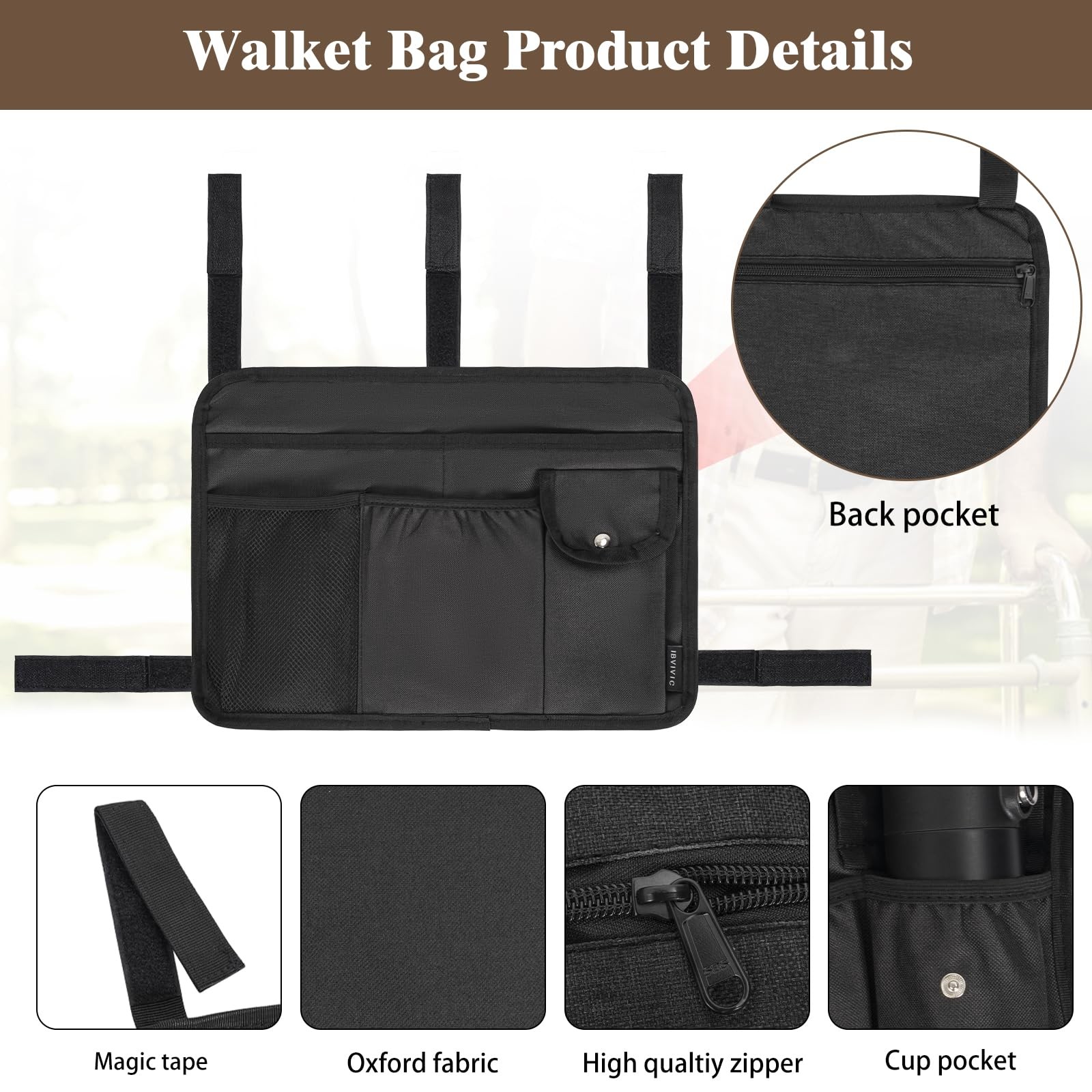 Walker Bag Multiple Pockets Basket for Folding with Cup Black