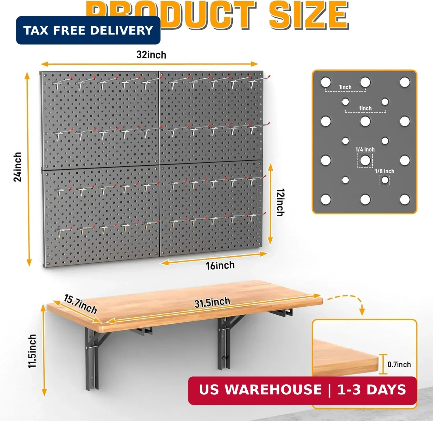 Folding Workbench with Pegboard, Wall Mount Work Table | Heavy Duty Ga