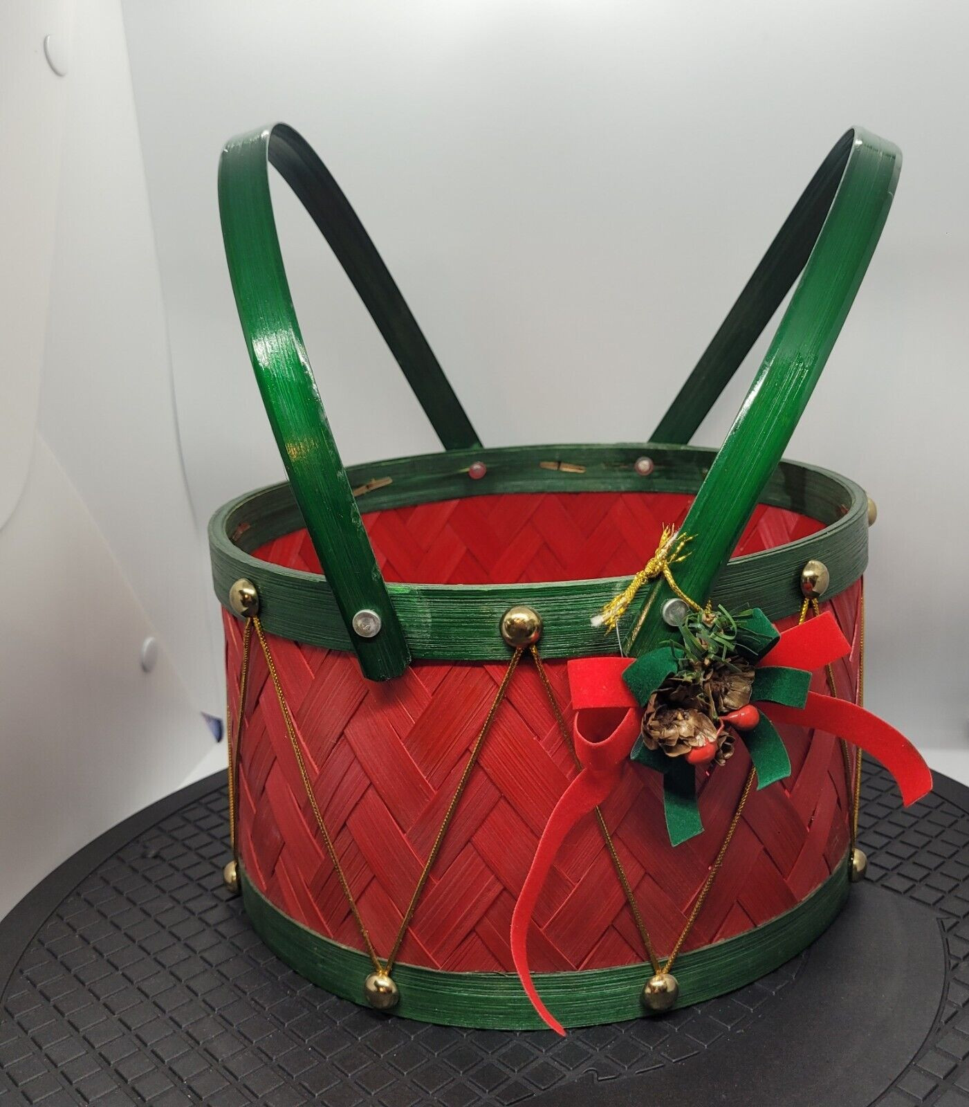 Vintage Christmas Drum Shape Basket Double Handles Red Green Gold Cord Trim 11"