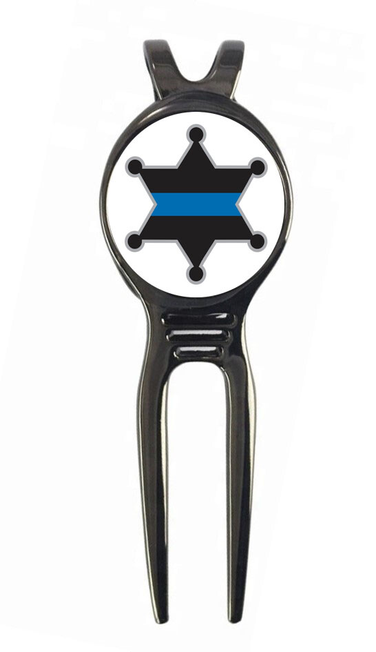 Thin Blue Line Sheriff Deputy Badge Golf Ball Marker + Black Gunmetal Divot Tool