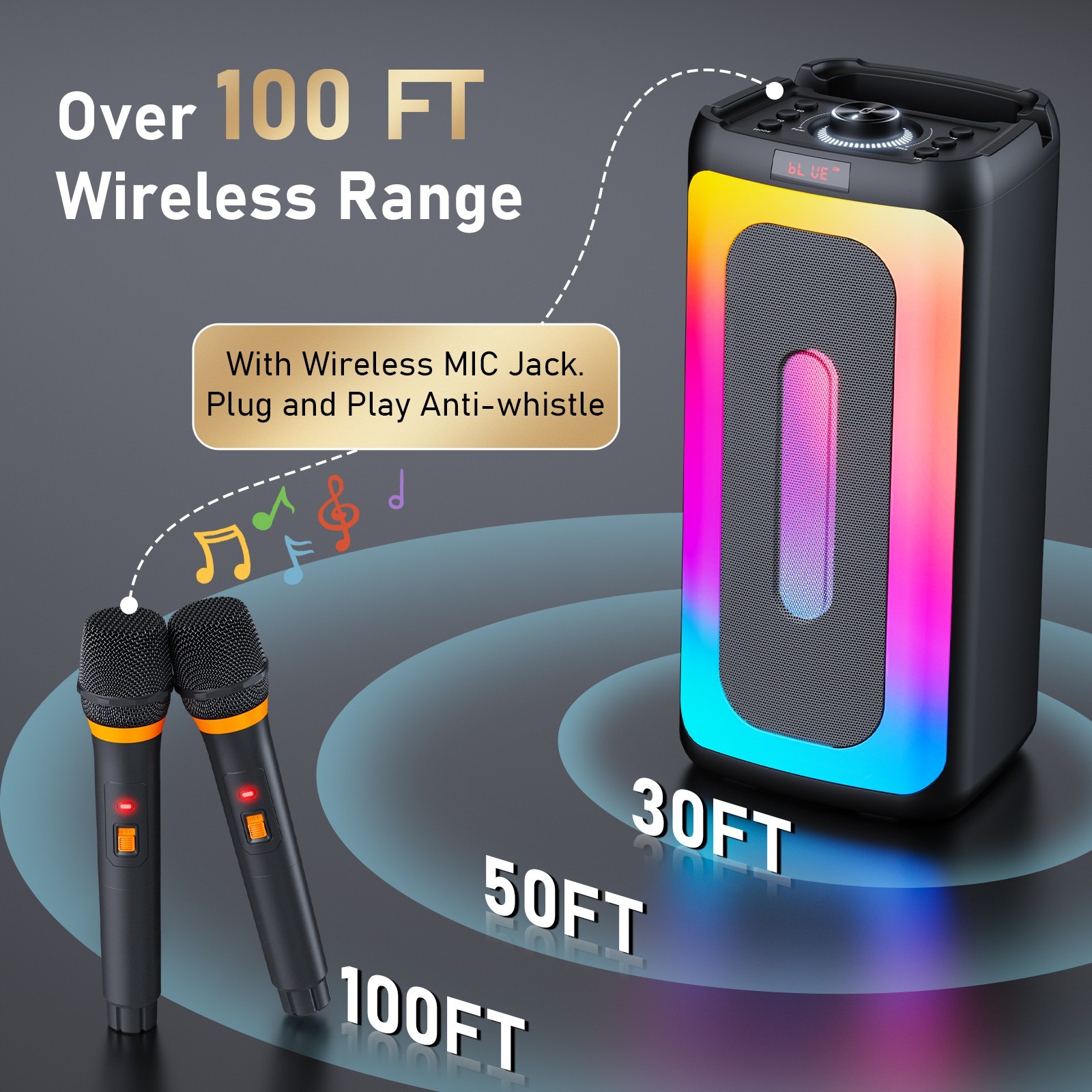 JYX Bluetooth Karaoke Machine With 2 Wireless Mics LED Rechargeable Speaker - US