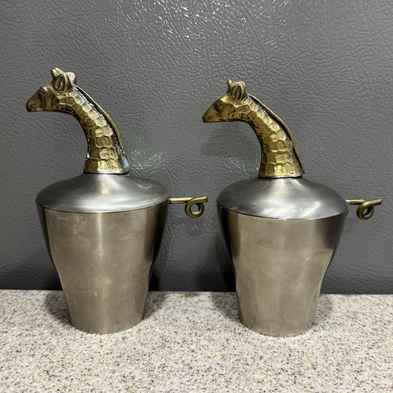 2 Vtg Giraffe Trinket Boxes Pewter Brass Metal 5.75” Lidded in VGC Patina