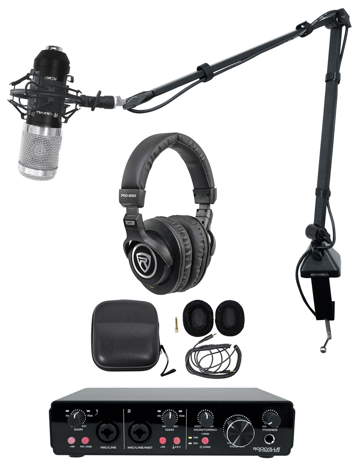 Rockville R-TRACK 2x2 1-Person Podcast Kit w/ RCM01 Microphone+Boom+Headphones