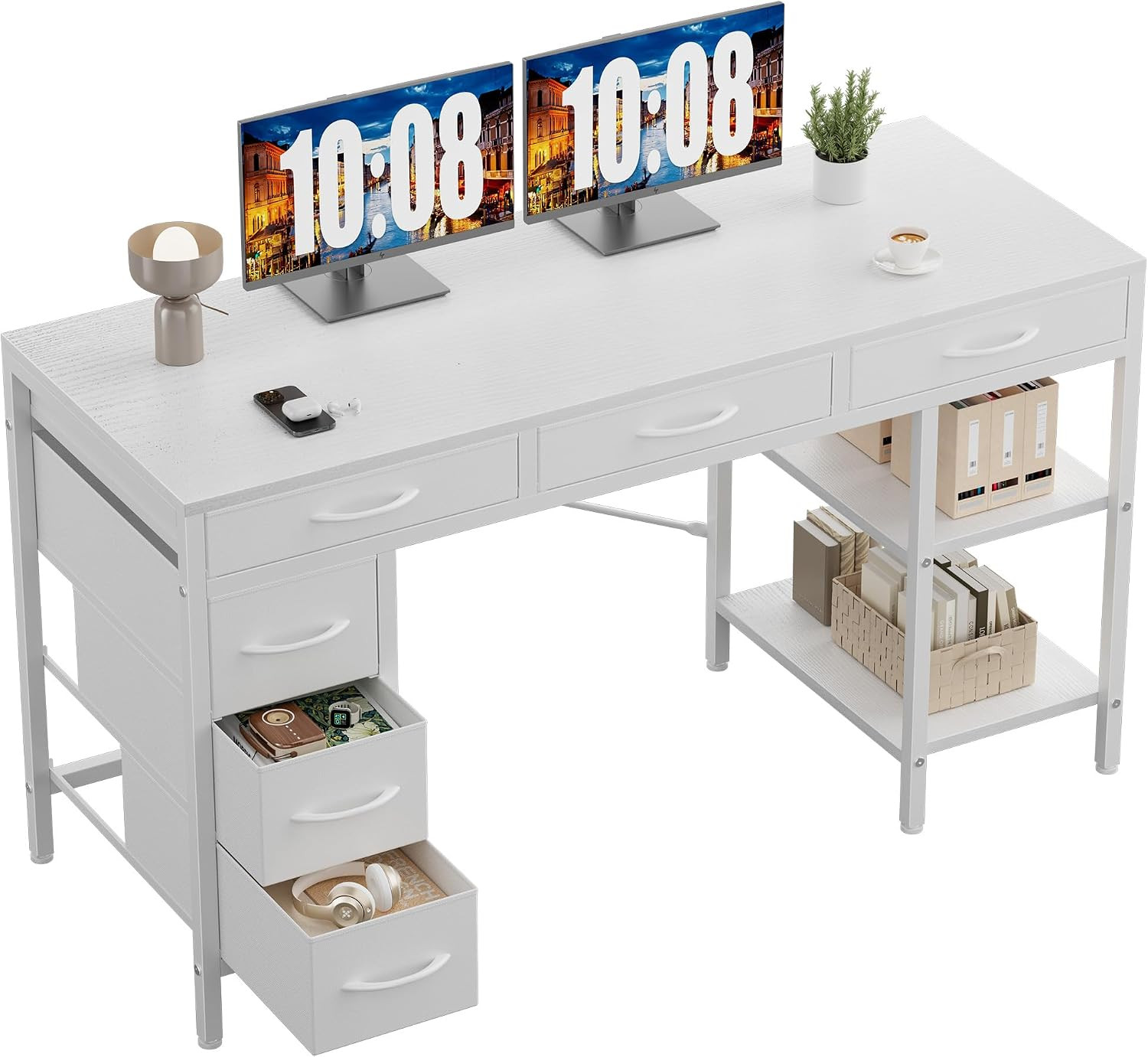 56 Inch Computer Desk with 6 Fabric Drawers, for Home Office Work | 6 Fabric Dra