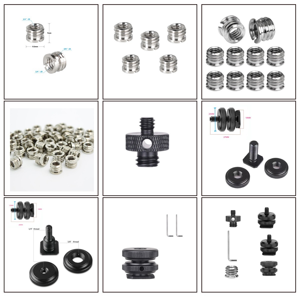 1/4" 3/8"Dual Nut Tripod Mount Screw to Flash Camera Hot Shoe Tripod Adapter