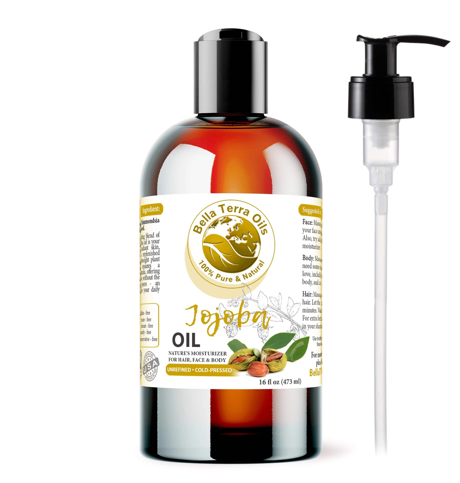 Natural Jojoba Oil - 16oz | Premium Grade, Cold-Pressed Oil for Skin, Hair & DIY