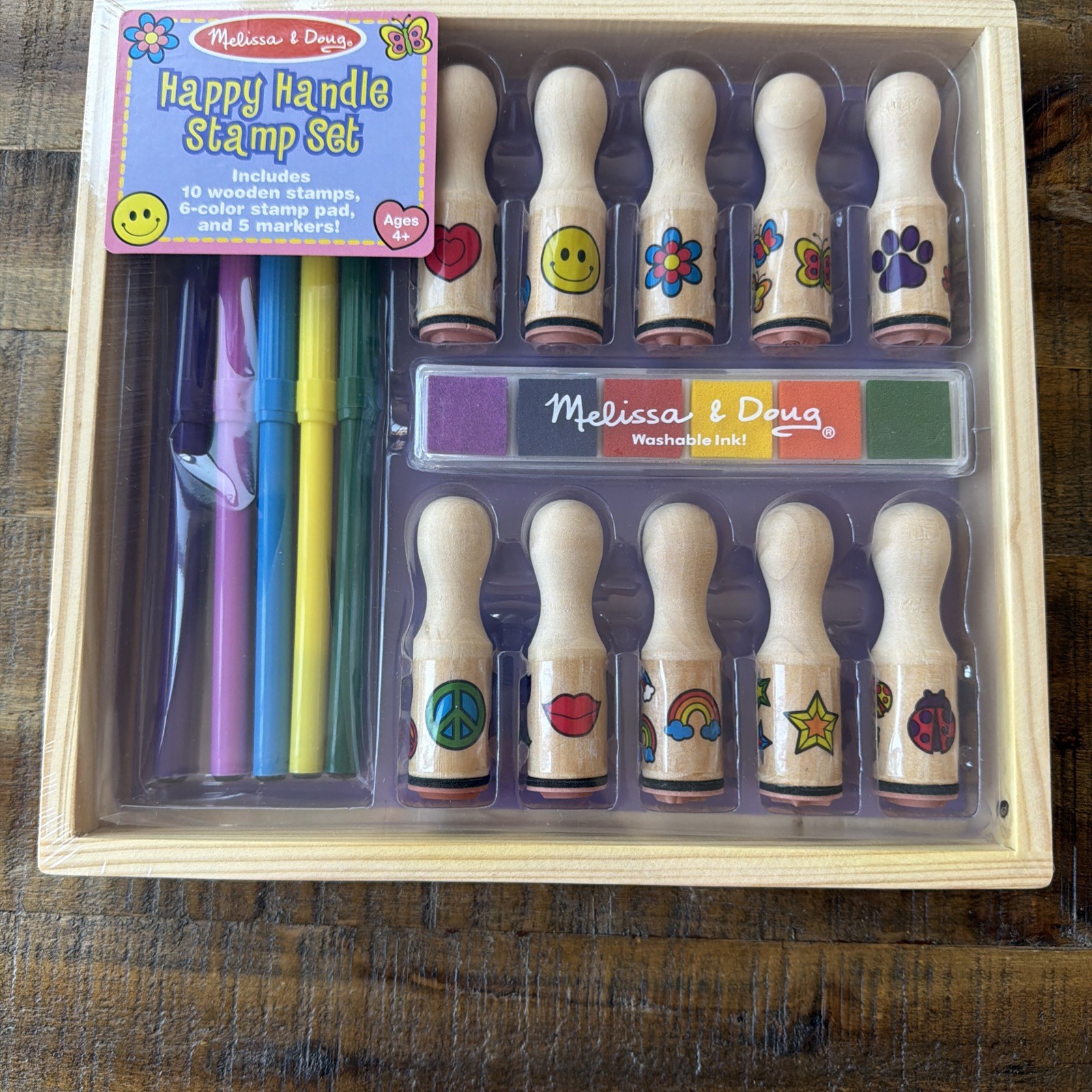Melissa And Doug Happy Handles Wooden Stamp Set, 10 stamps! NEW