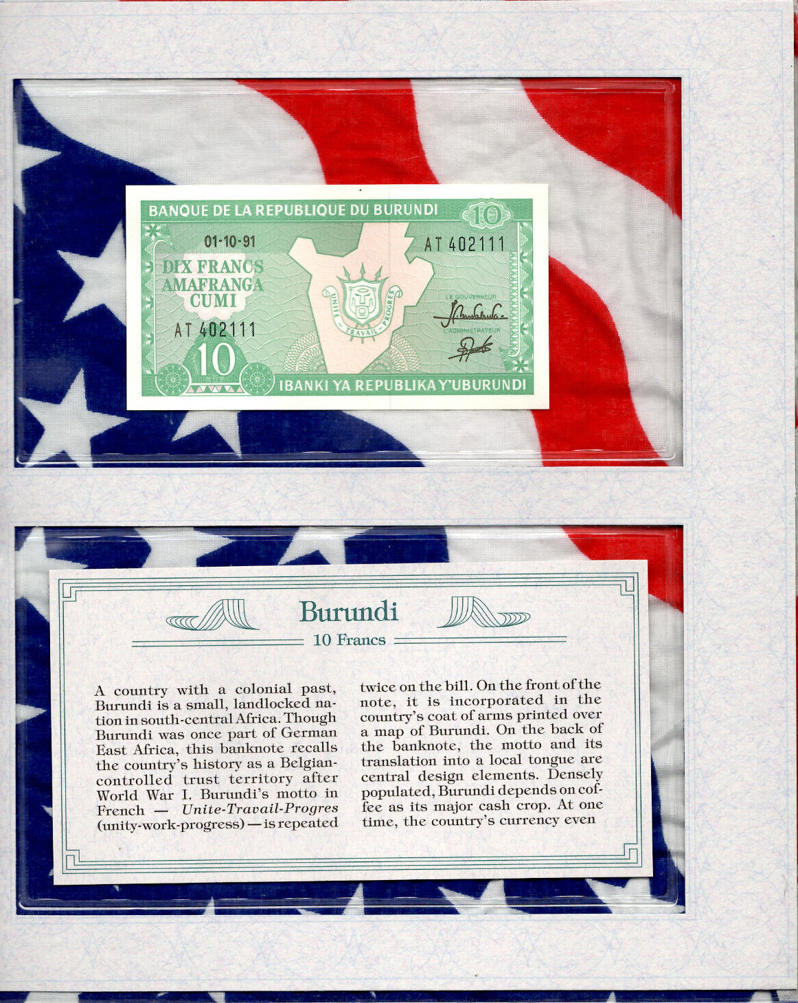 *Most Treasured Banknotes Burundi 1991 10 Francs P-33b UNC Lucky AT 402111