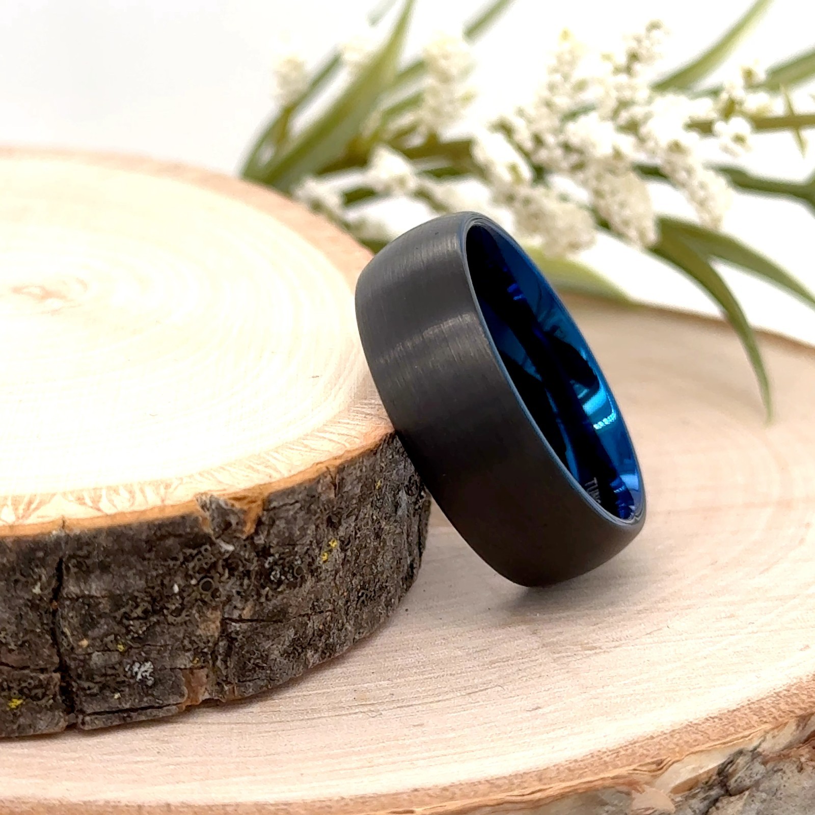 8mm Tungsten Carbide Ring Blue Inner Lining & Brushed Finish Modern Unisex Band