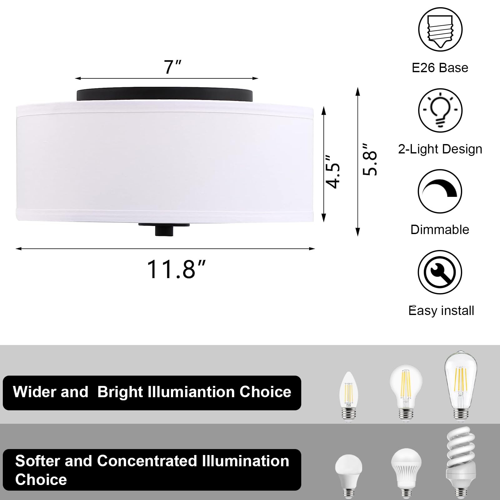 Lodstob 2-Light Flush Mount Ceiling Light Fixture, 12” Modern 12 inch, White