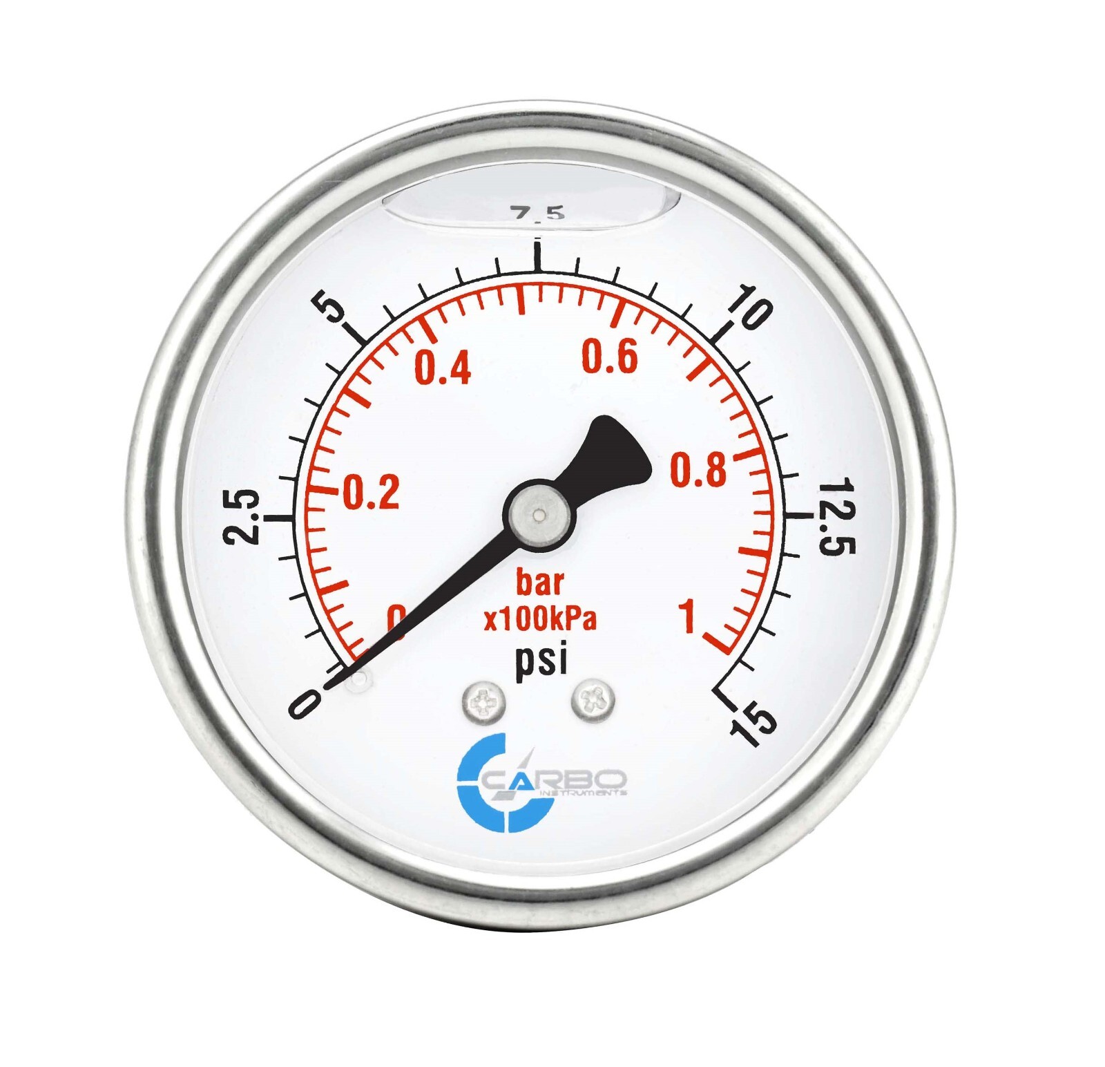 2"  Pressure Gauge, Stainless Steel Case, Liquid Filled, Back Mnt, 15 Psi