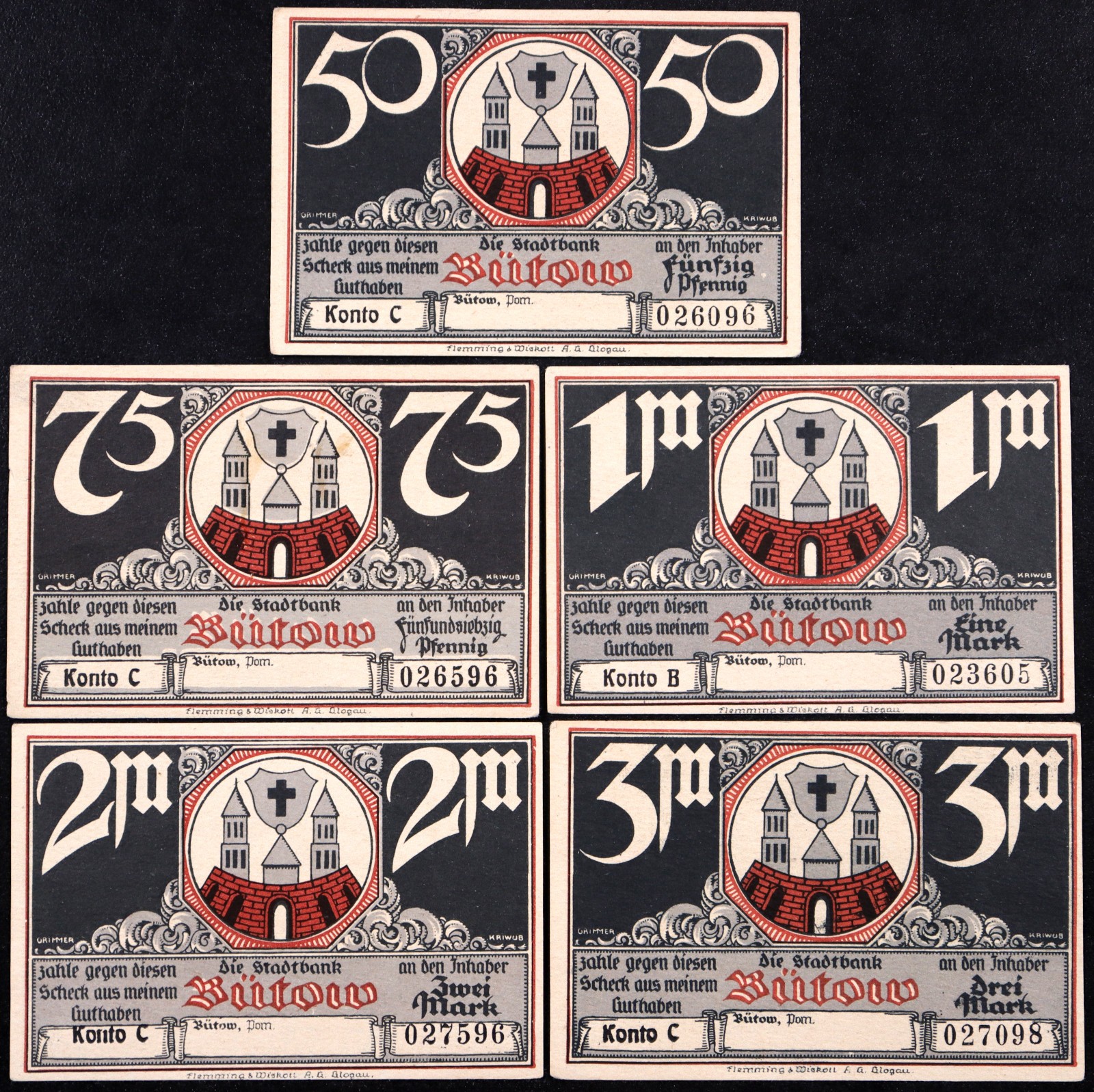 BÜTOW / BYTÓW 1922 "Knight, Castles" Complete Series German Notgeld Black