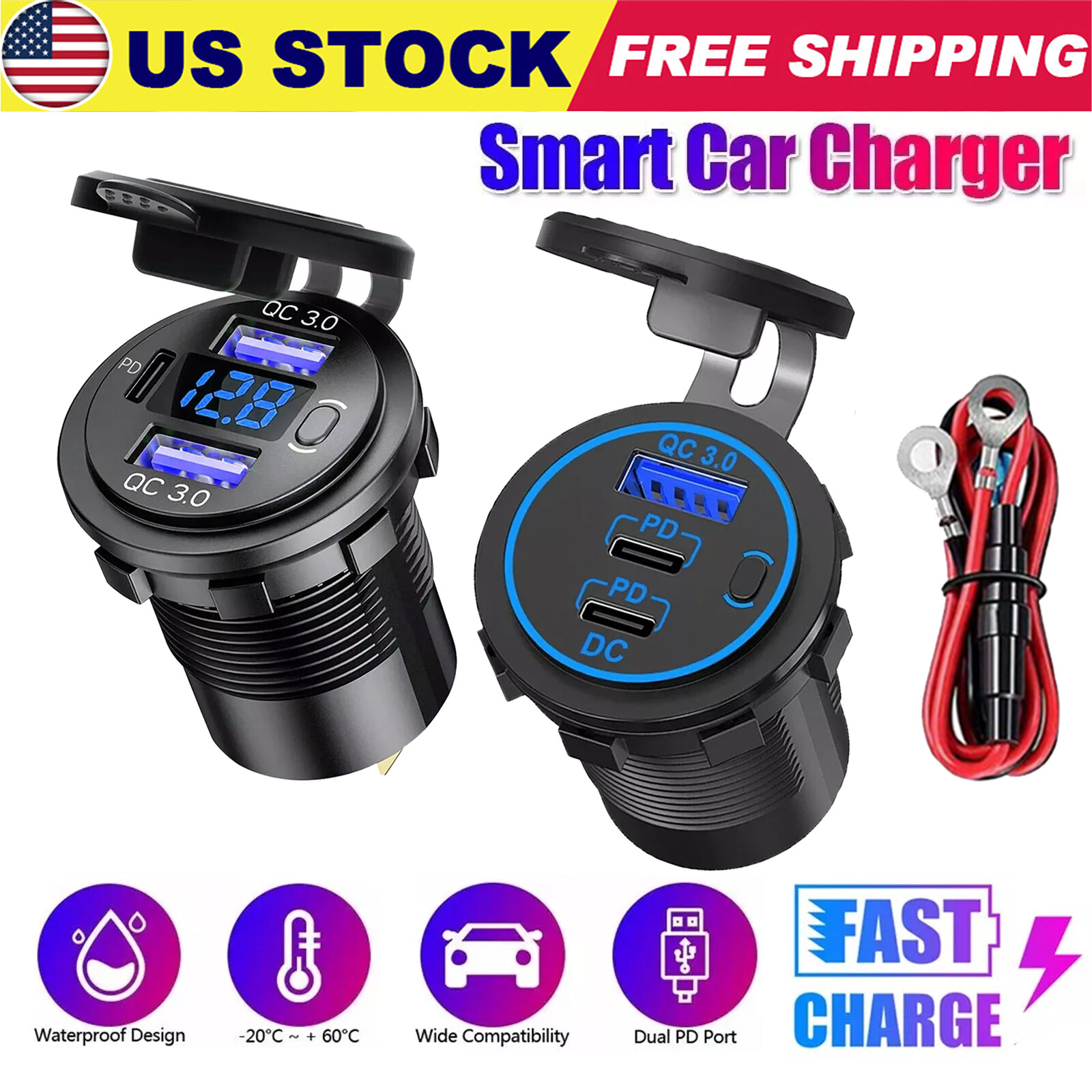 12V USB C Charger Port Fast Car Charger PD & QC Outlet Socket for Boat RV Marine
