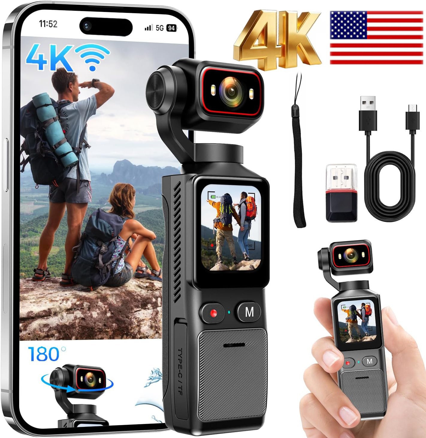 4K Handheld Vlogging Camera Wifi Pocket Action Camera Anti-Shake Video Camcorder