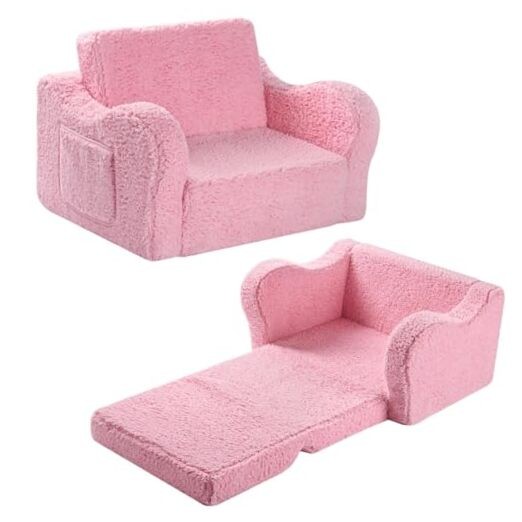 Kids Sofa, 2-in-1 Flip-Out Foam Couch with Soft Sherpa Cover, Cozy Medium Pink