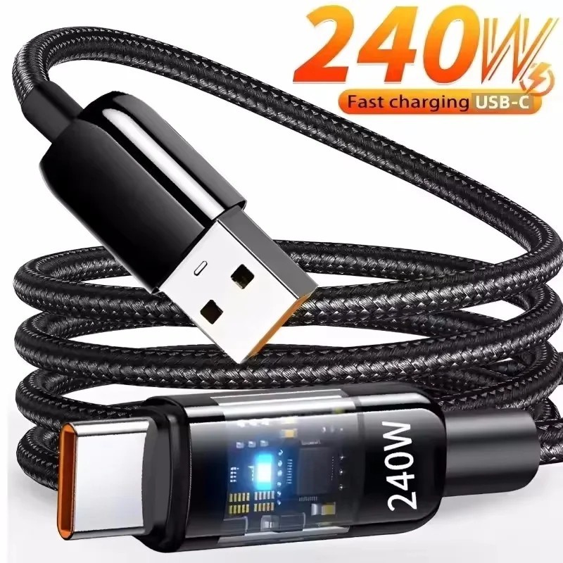 240W USB C Fast Charging Cable LED Display Nylon Braided Data Charger Cord