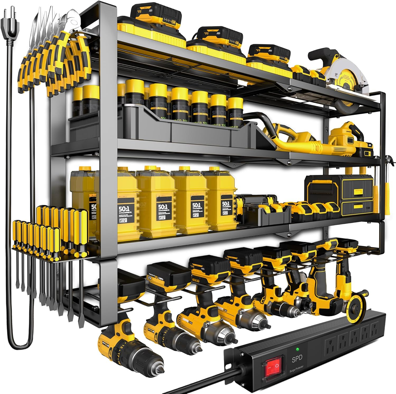 Heavy Duty Wall-Mount Tool Organizer with Charging Station & 8 Drill Holders